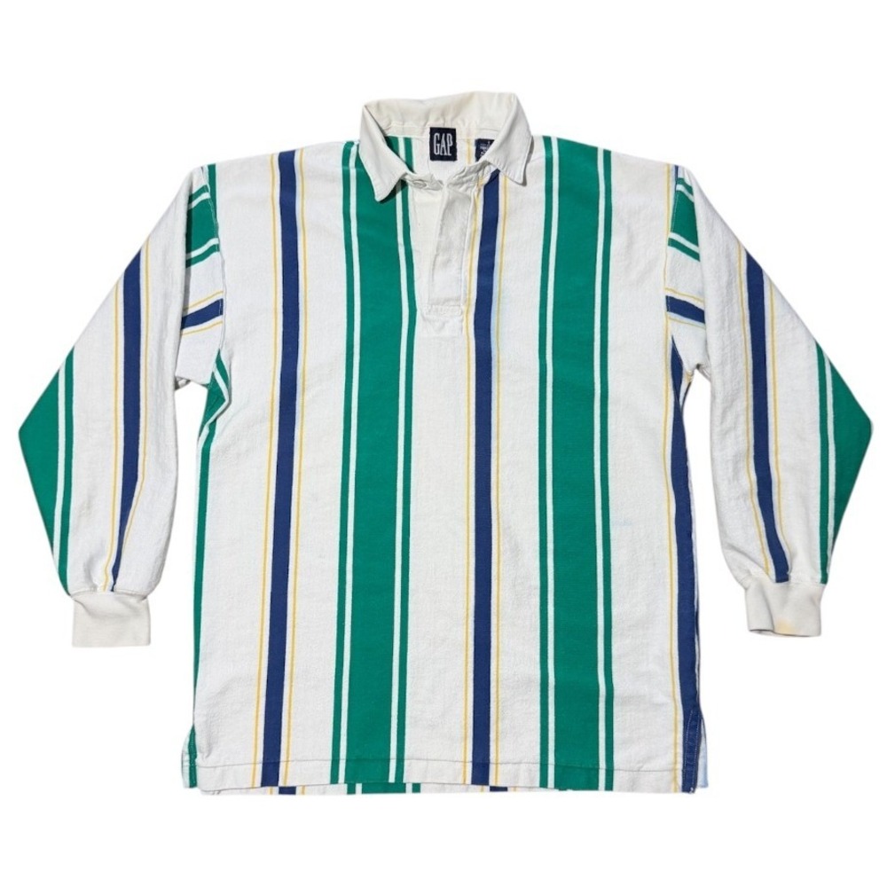 Vintage 90s Gap Vertical Striped Rugby Polo Green Blue White Long Sleeve Shirt